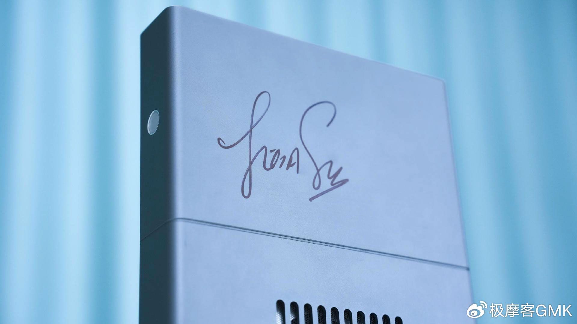 Reference image for: Dramatically redesigned GMKtec EVO-X3 shown bearing Lisa Su’s signature of approval
