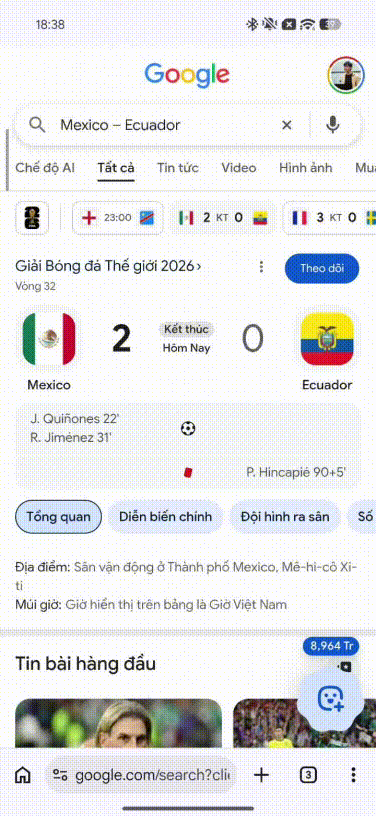 Ảnh tham khảo cho bài: Hiệu ứng xem kết quả trận đấu World Cup 2026 trên trang Google trông vui thiệt