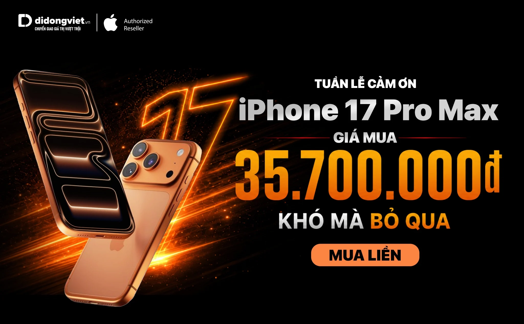 Ảnh tham khảo cho bài: [QC] iPhone 17 Pro Max tại Di Động Việt chỉ 35,7 triệu đồng trong “Tuần lễ cảm ơn”