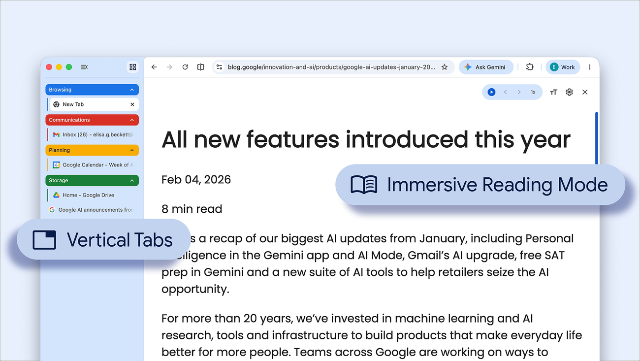 Reference image for: Get more done with new vertical tabs and immersive reading mode in Chrome